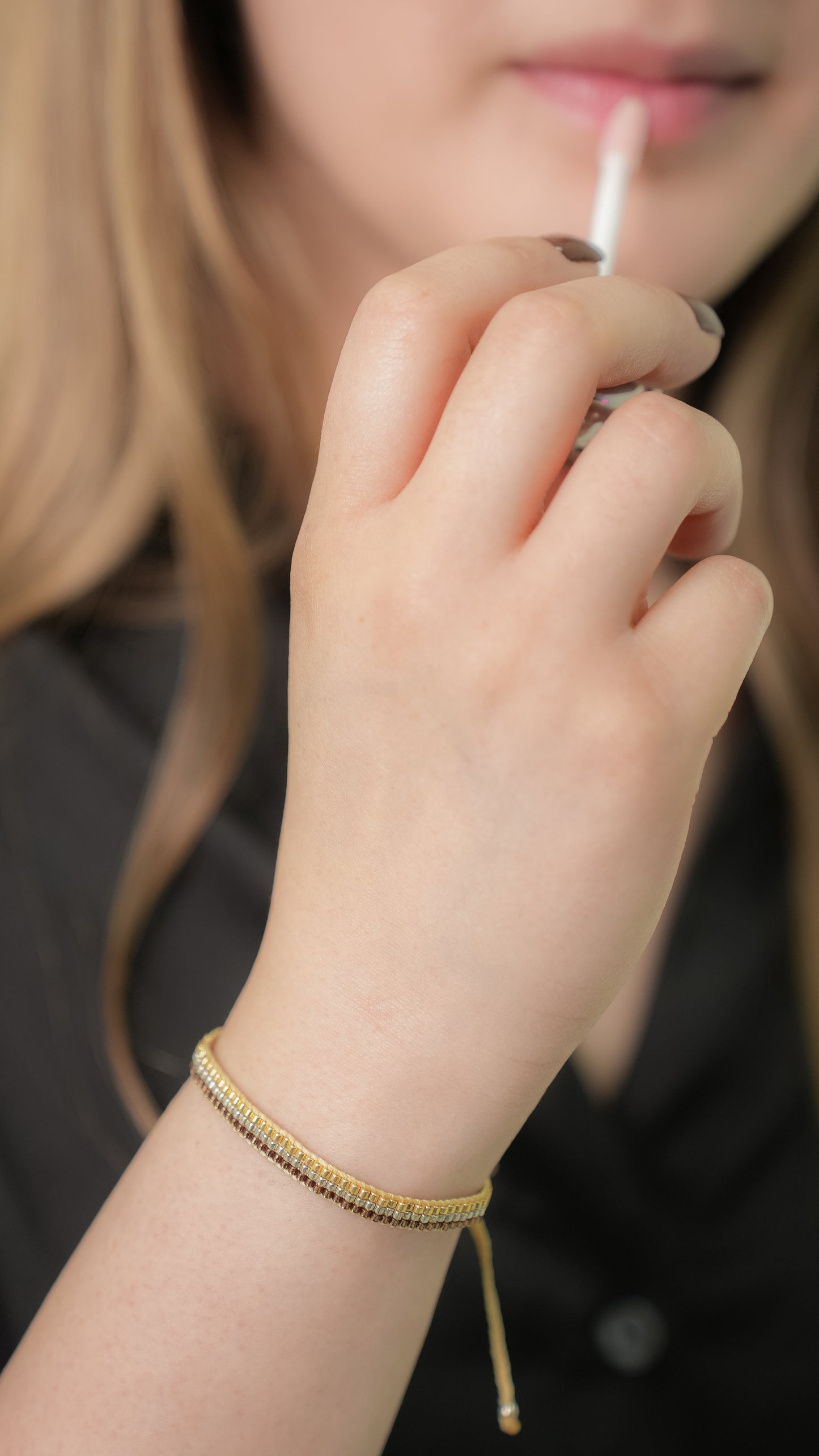 Pulsera Miyuki 3 lineas ocre plata oro