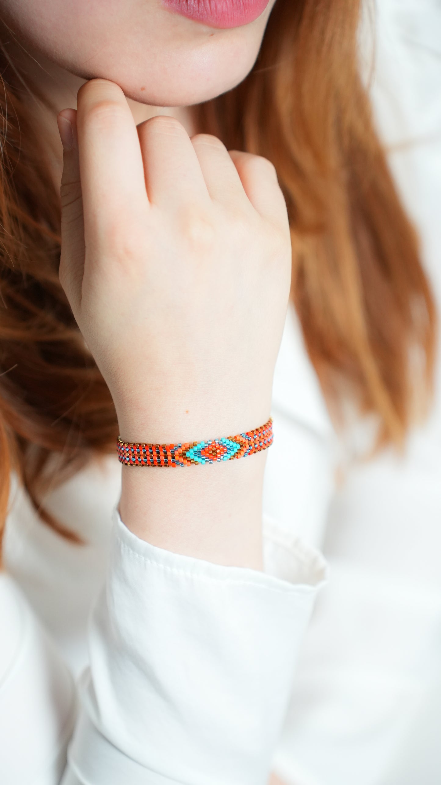 Pulsera Miyuki chica naranja rombo turqueza