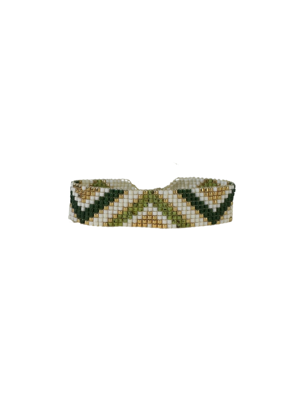 Brazalete Miyuki Piramides verde dorado y blanco