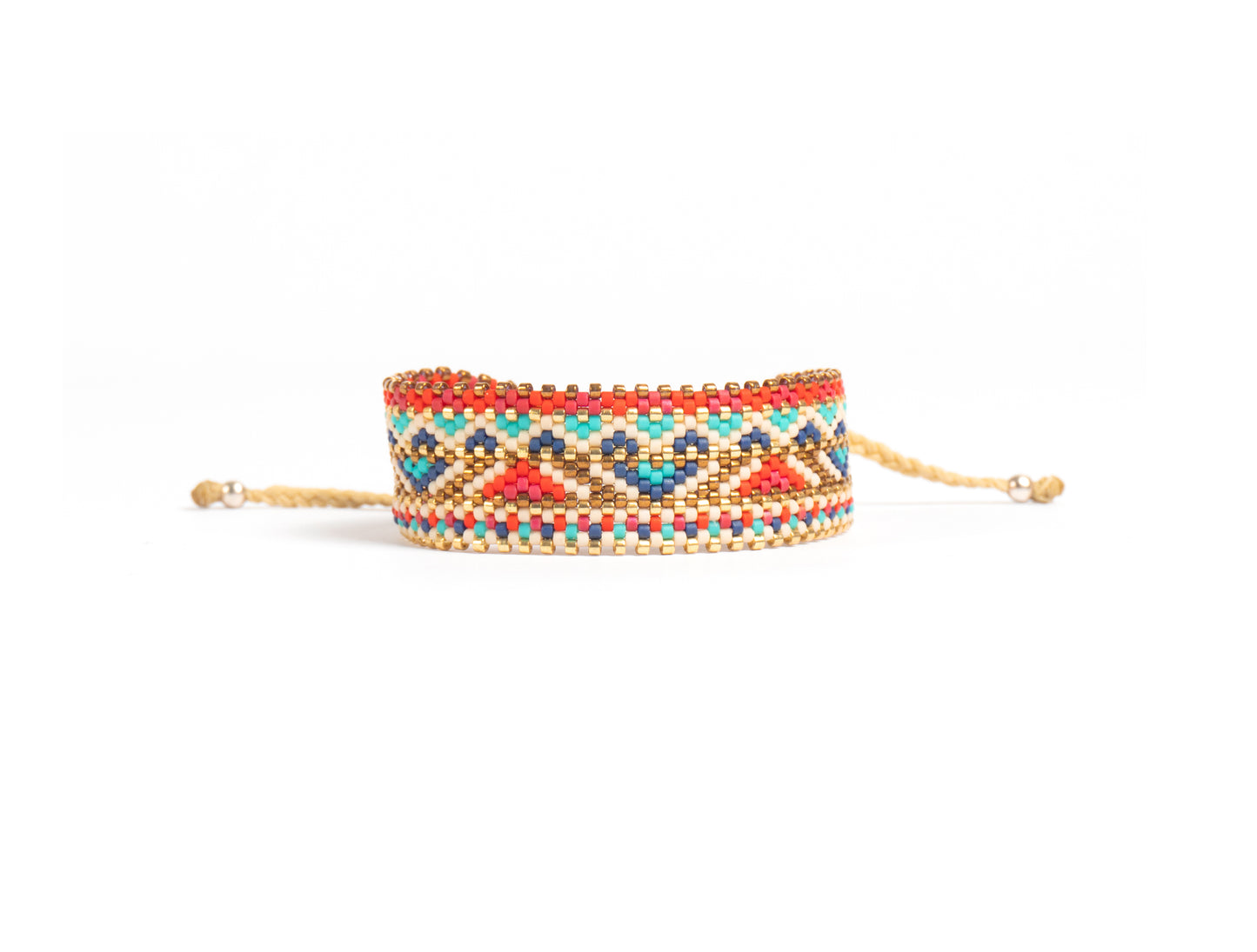 Pulsera Miyuki grande lineas doradas y grecas rojo azul