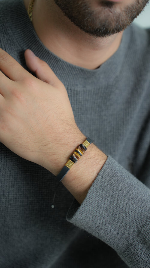 Pulsera Miyuki Caballero Cuero y Herraje cafe negro