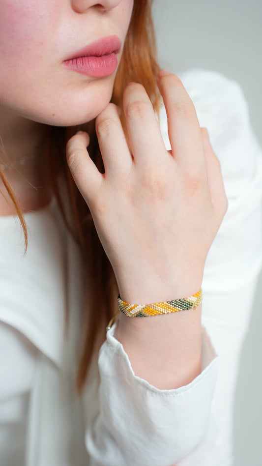 Pulsera Miyuki chica lineas gruesas camello verde beige