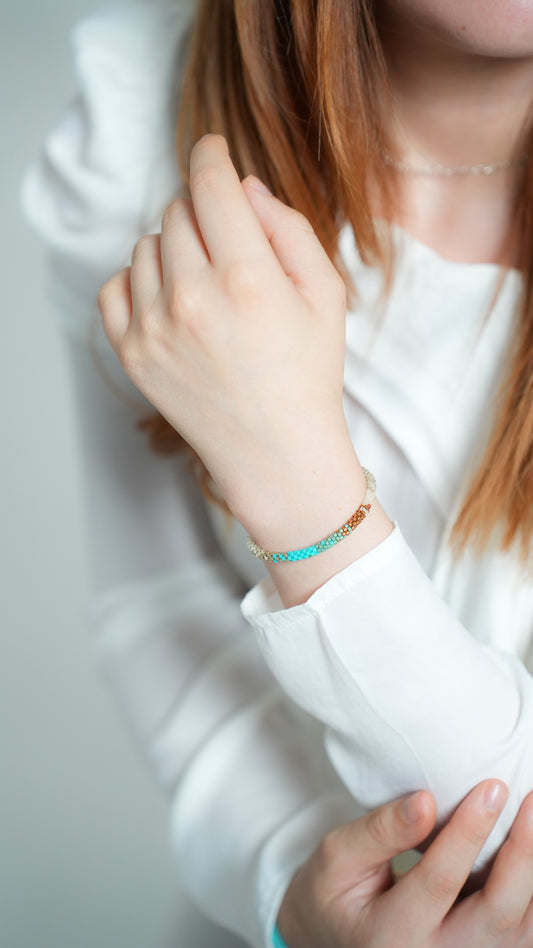 Pulsera Miyuki redonda combinación plata turquesa ocre