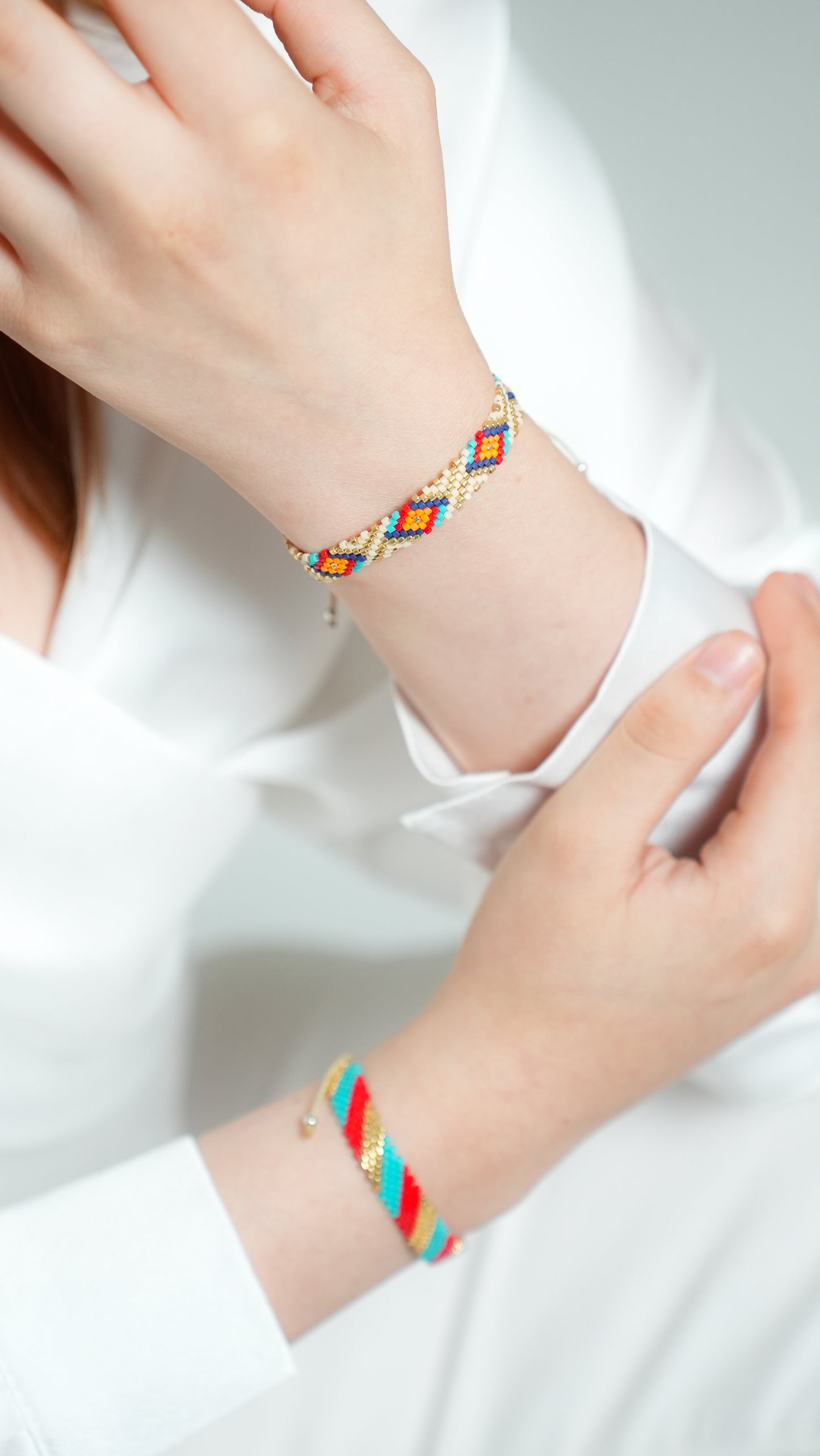Pulsera Miyuki chica rombo colores lineas beige dorado