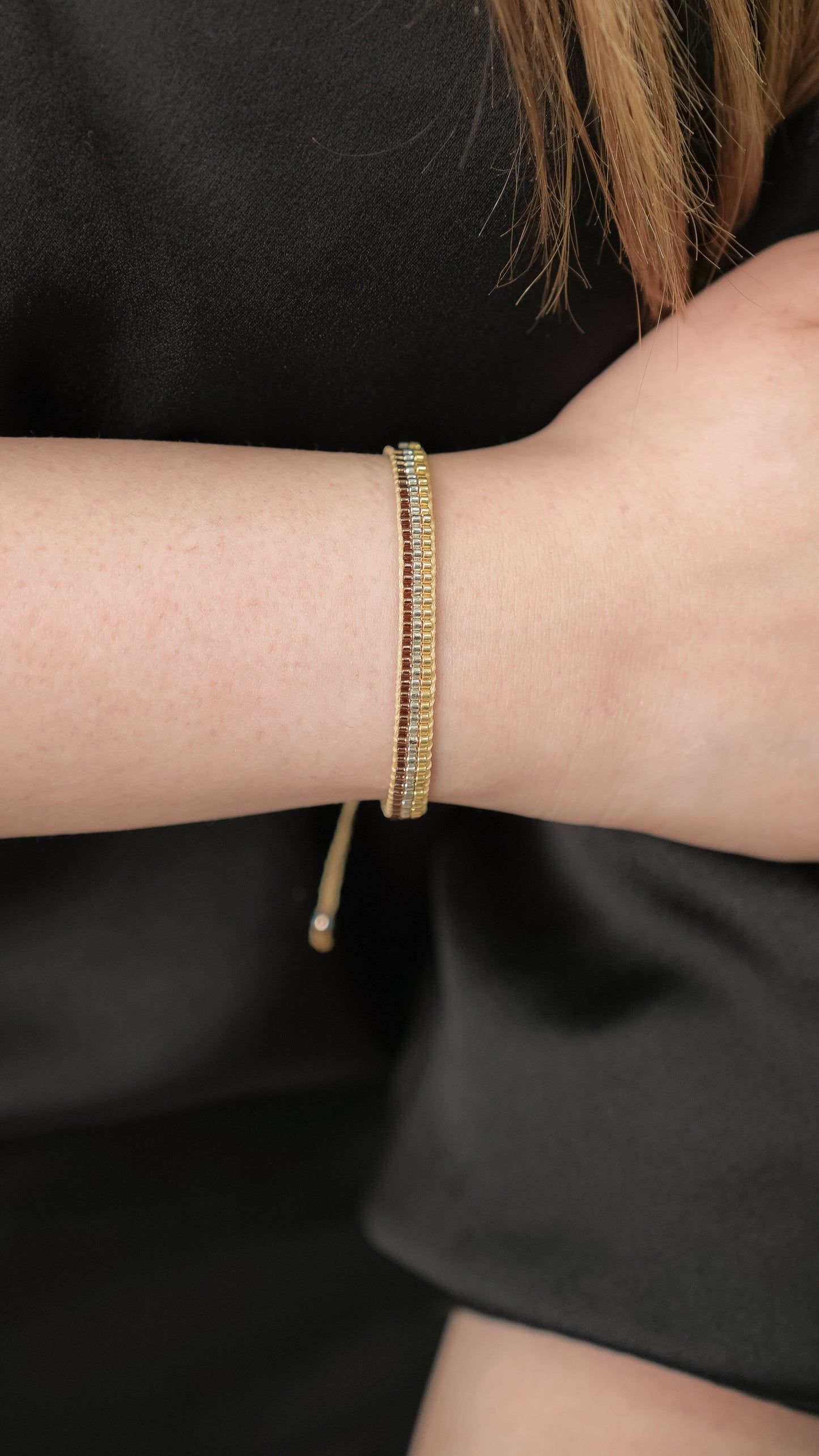 Pulsera Miyuki 3 lineas ocre plata oro