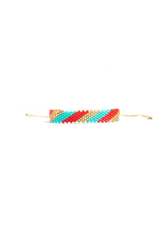 Tobillera Miyuki lineas oro turquesa rojo