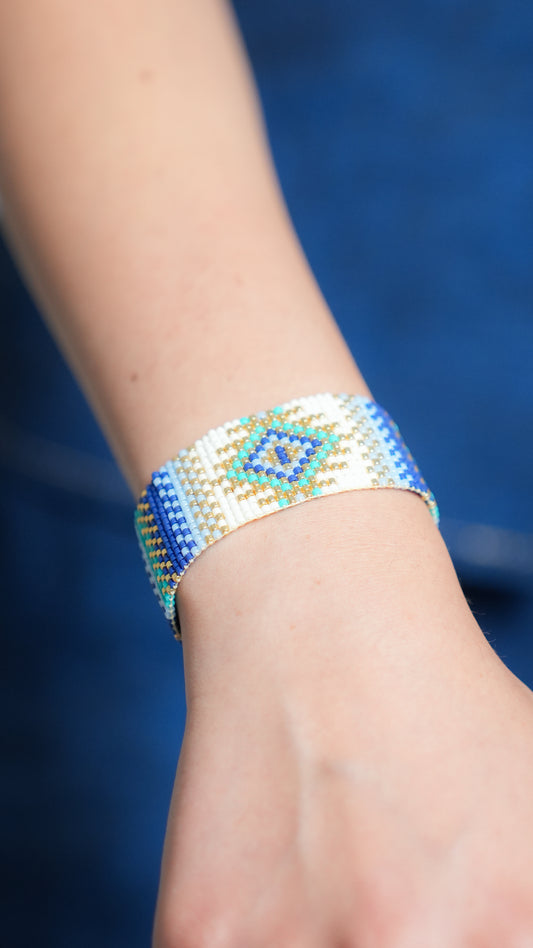 Pulsera Miyuki grande rombo azul destello dorado