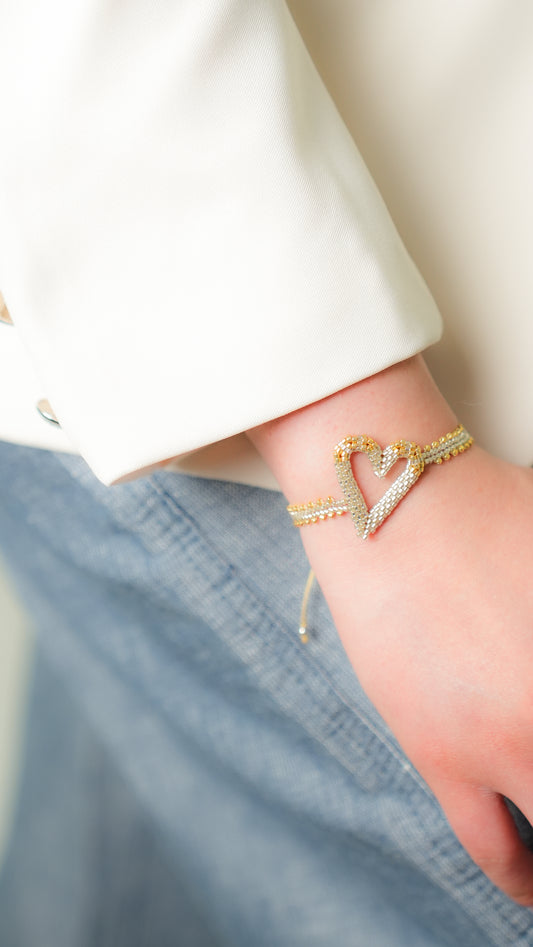 Pulsera Miyuki corazón plata oro 3D