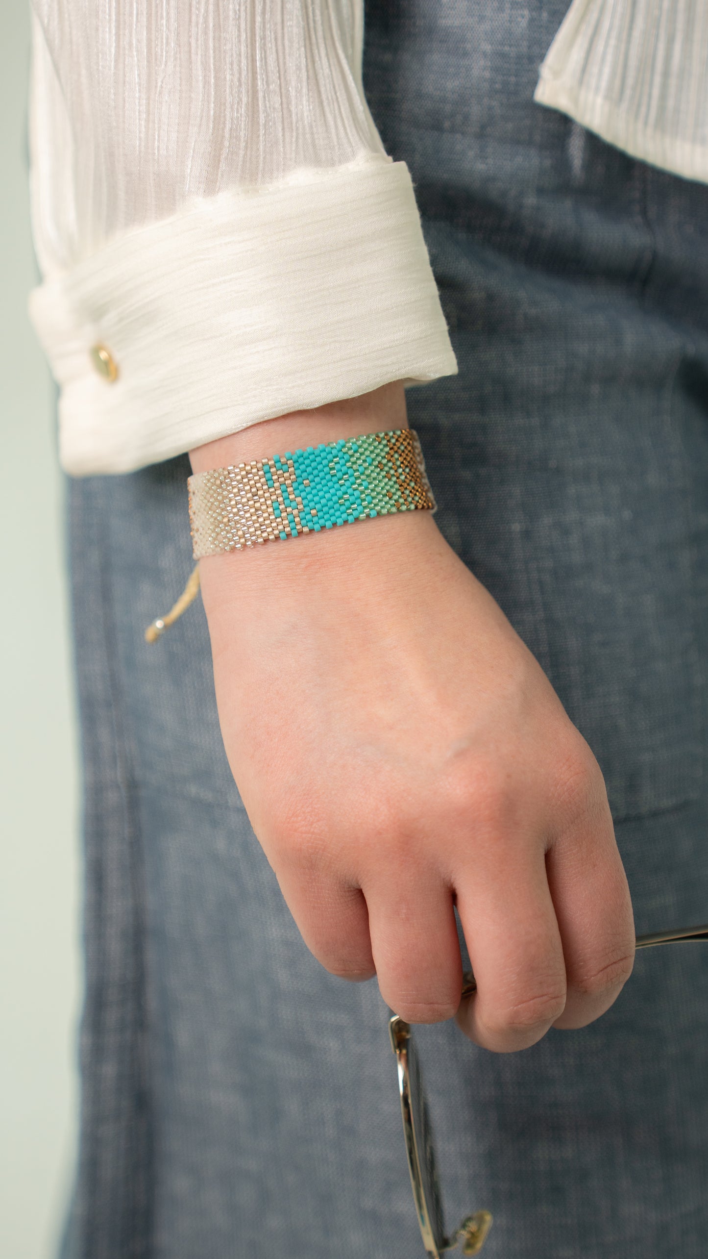 Pulsera Miyuki grande combinacion plata turquesa ocre