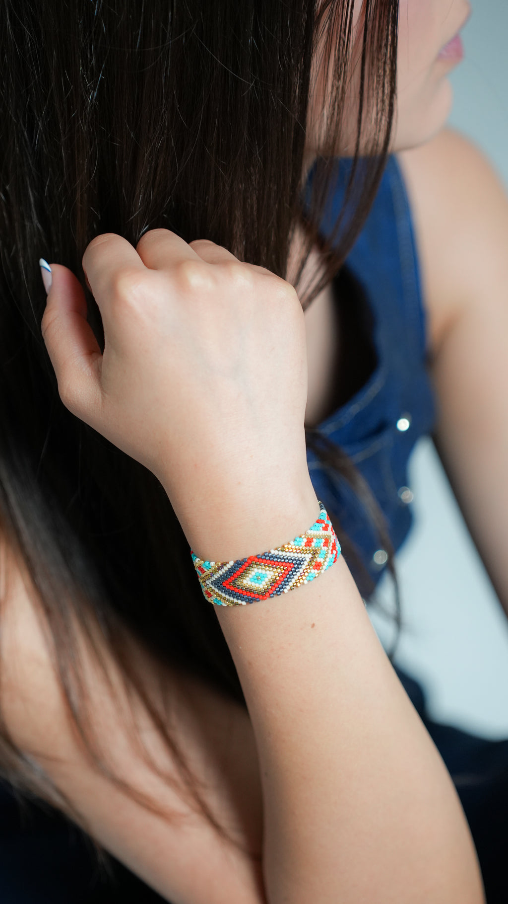 Pulsera Miyuki grande rombo blanco turquesa y marino