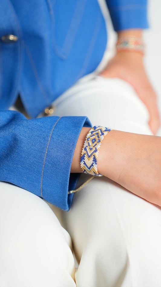 Pulsera Miyuki grande beige rombo azul cielo oro