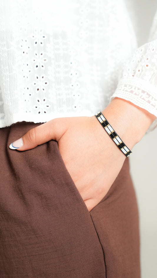 Pulsera Miyuki chica cuadros blanco negro