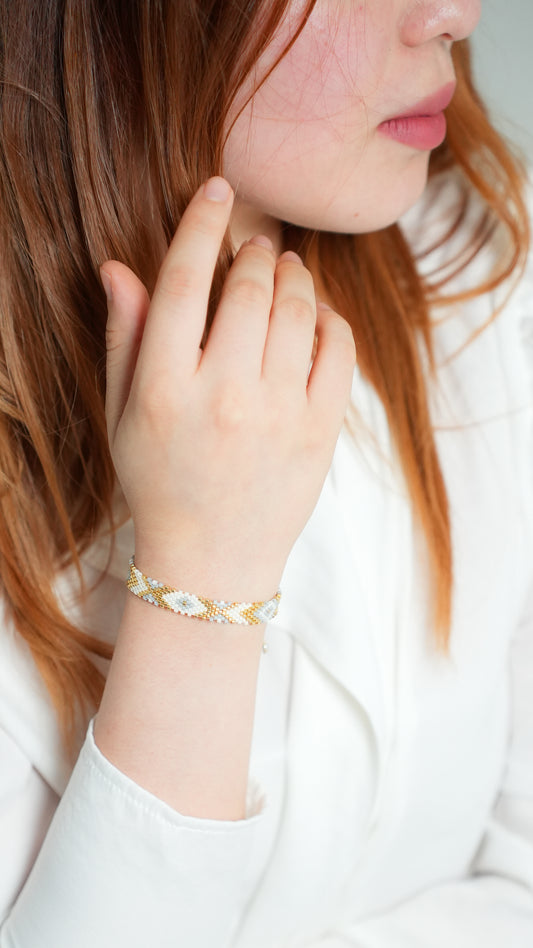 Pulsera Miyuki chica rombos azul claro beige oro