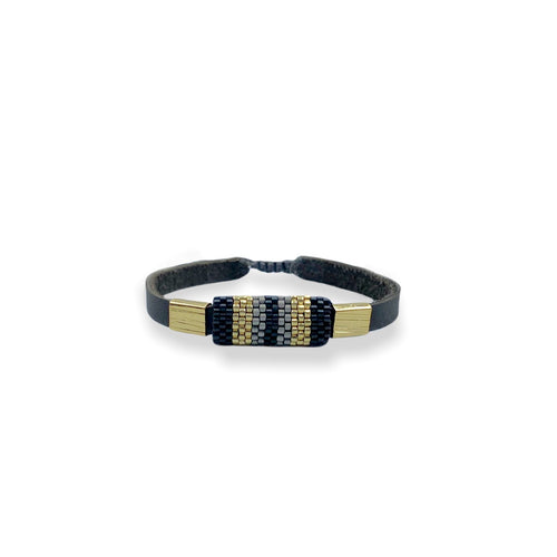 Pulsera Miyuki Caballero cuero y herraje gris negro