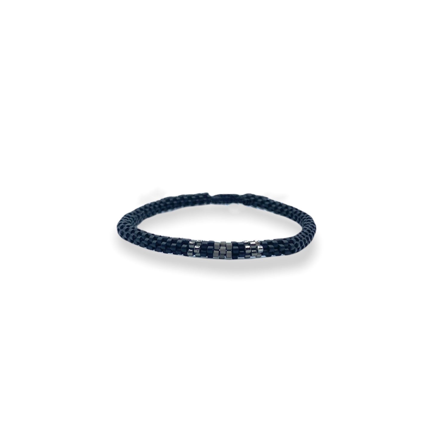 Pulsera Miyuki Caballero redonda negro centro plata y gris
