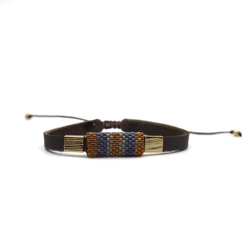 Pulsera Miyuki Caballero Cuero y Herraje azul ocre