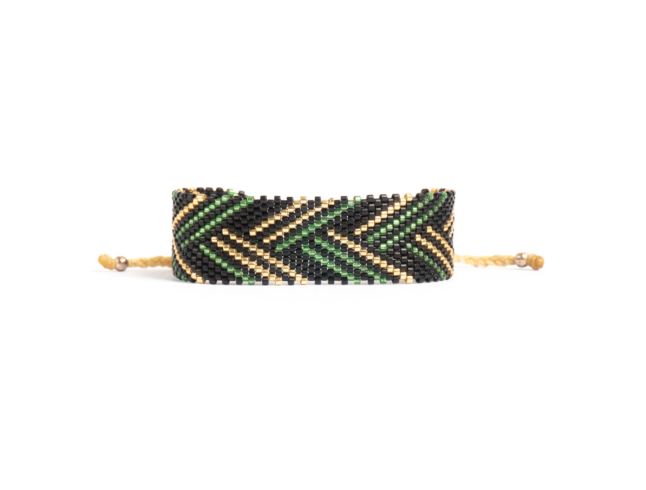 Pulsera Miyuki Grande flecha cruzada verde oro negro