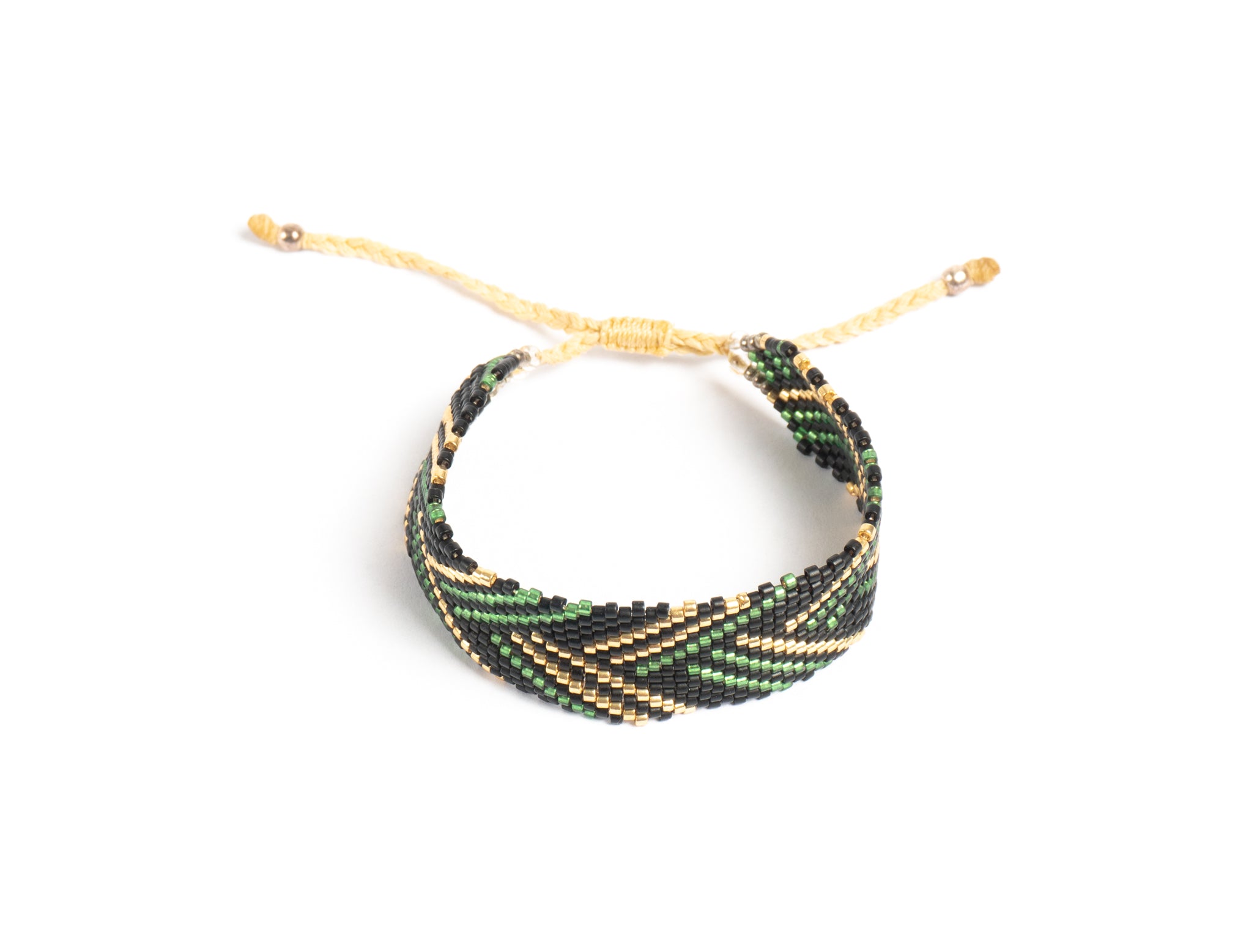 Pulsera Miyuki Grande flecha cruzada verde oro negro