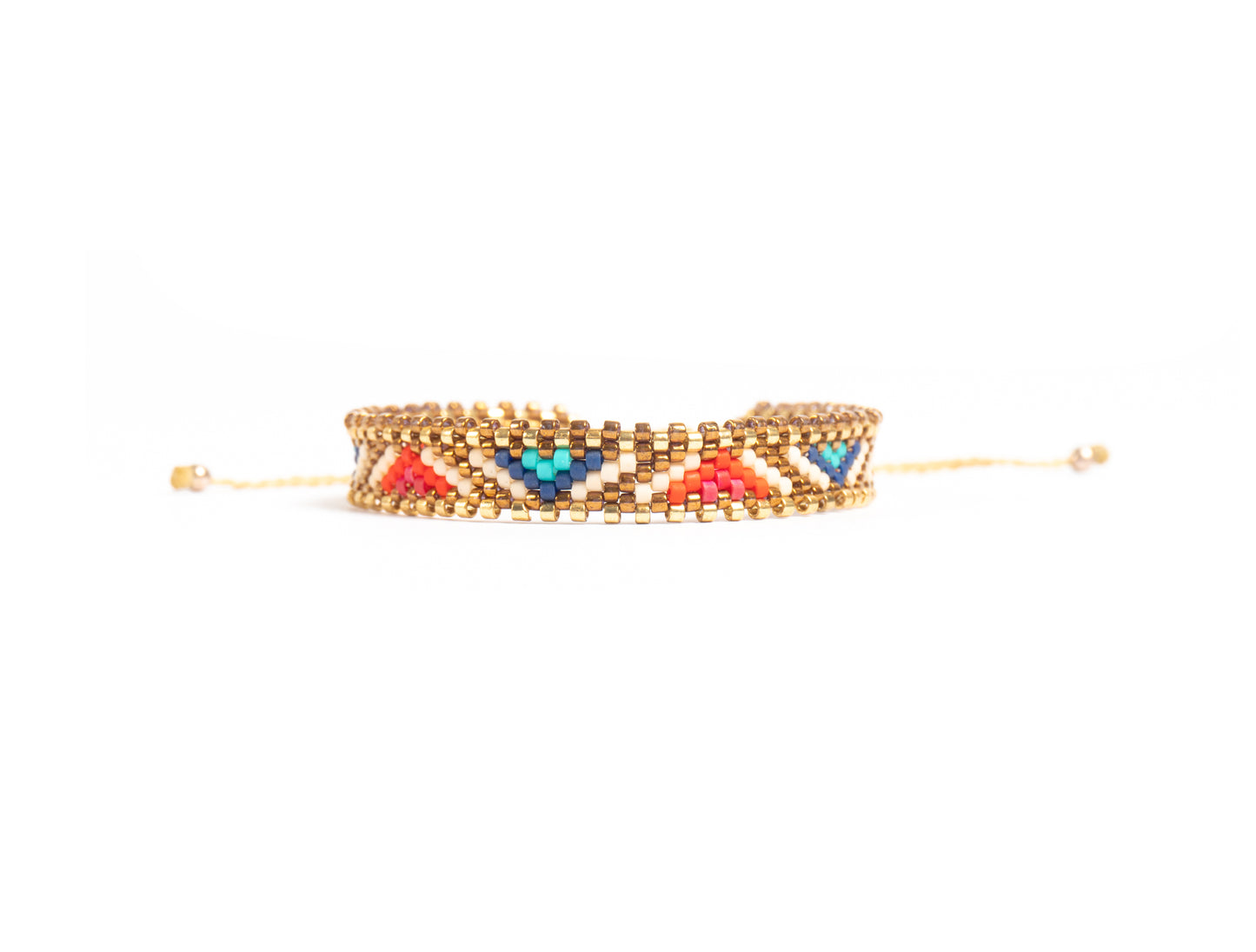 Pulsera Miyuki chica lineas doradas y triangulos rojo azul